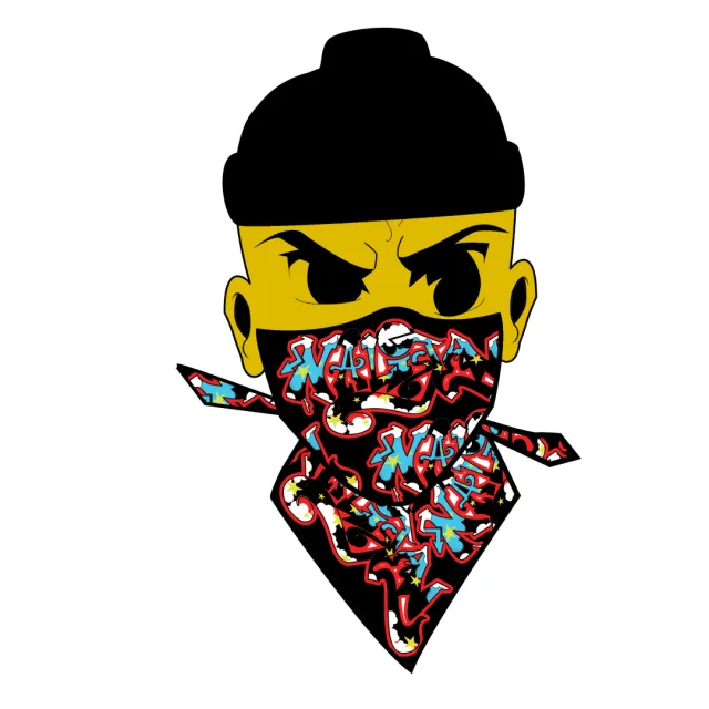 Samo, a mascot in a skull cap and graffiti bandana