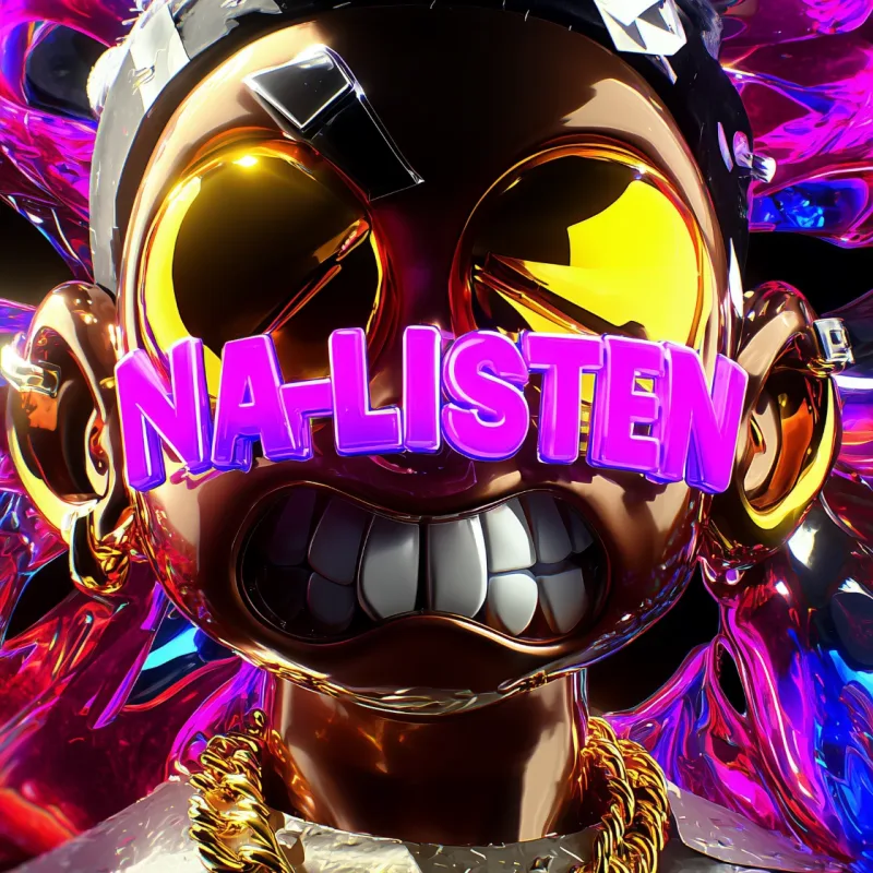 Gold chrome character face with Na-Listen lettering across the eyes