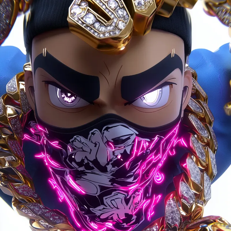 Masked 3D character in a black beanie with an iced gold chain and neon mask
