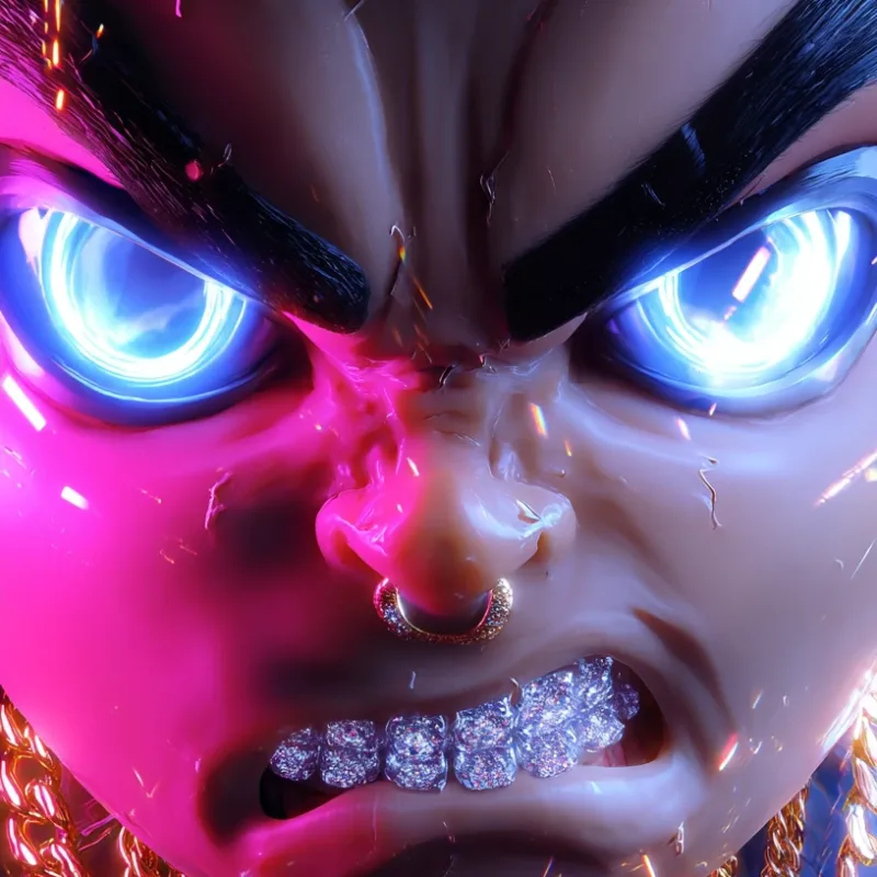 Close-up of an angry 3D character with glowing blue eyes and a diamond grill
