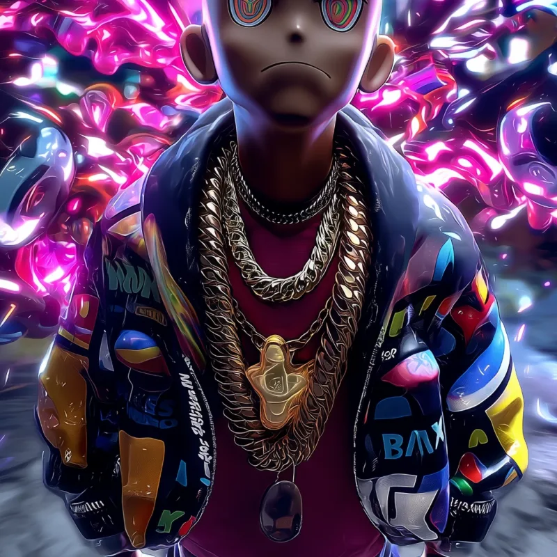 Bald 3D character in a graffiti puffer jacket and gold chains on a neon street