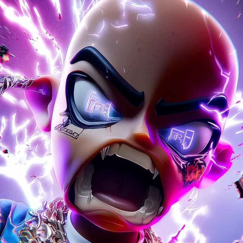 A bald 3D character with glowing eyes screaming through purple lightning