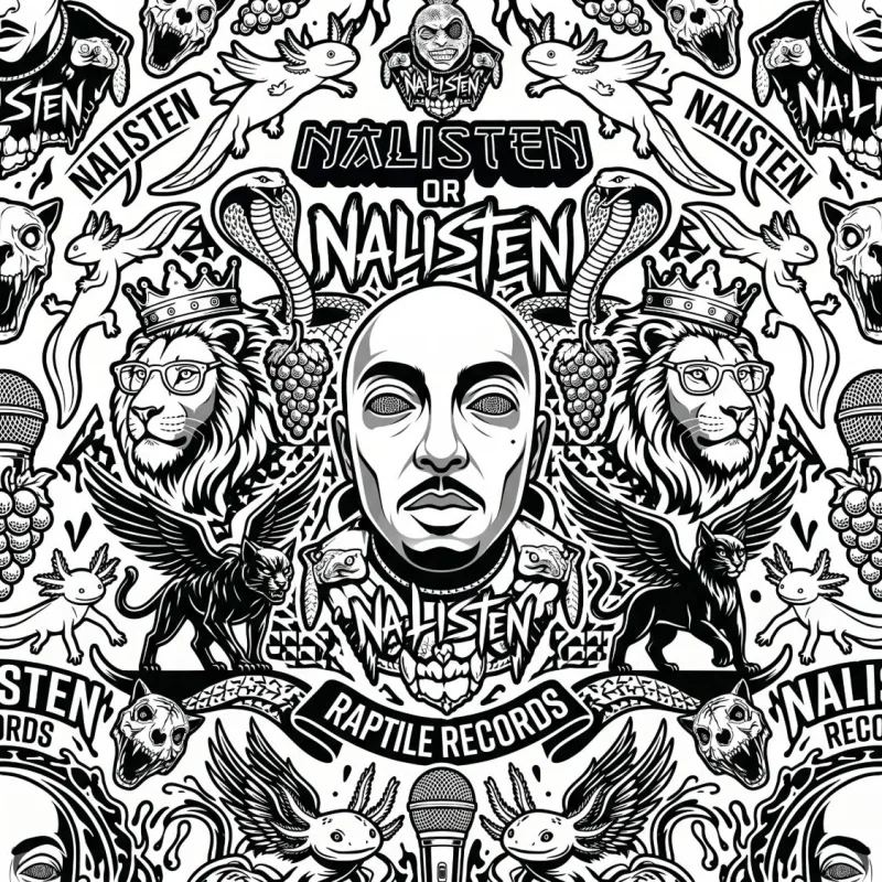 Na'Listen and Raptile Records black-and-white pattern with lions, cobras, axolotls and a portrait