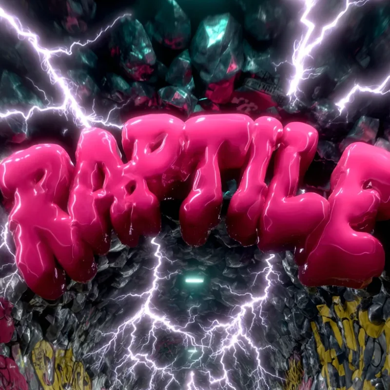 Glossy pink Raptile lettering floating in a rock tunnel with lightning