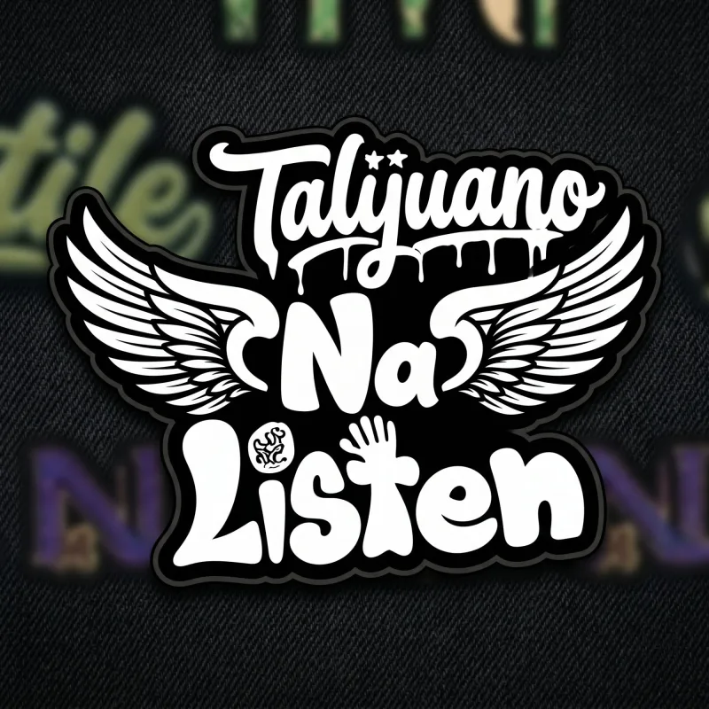 Talijuano Na'Listen winged script patch in white on black twill