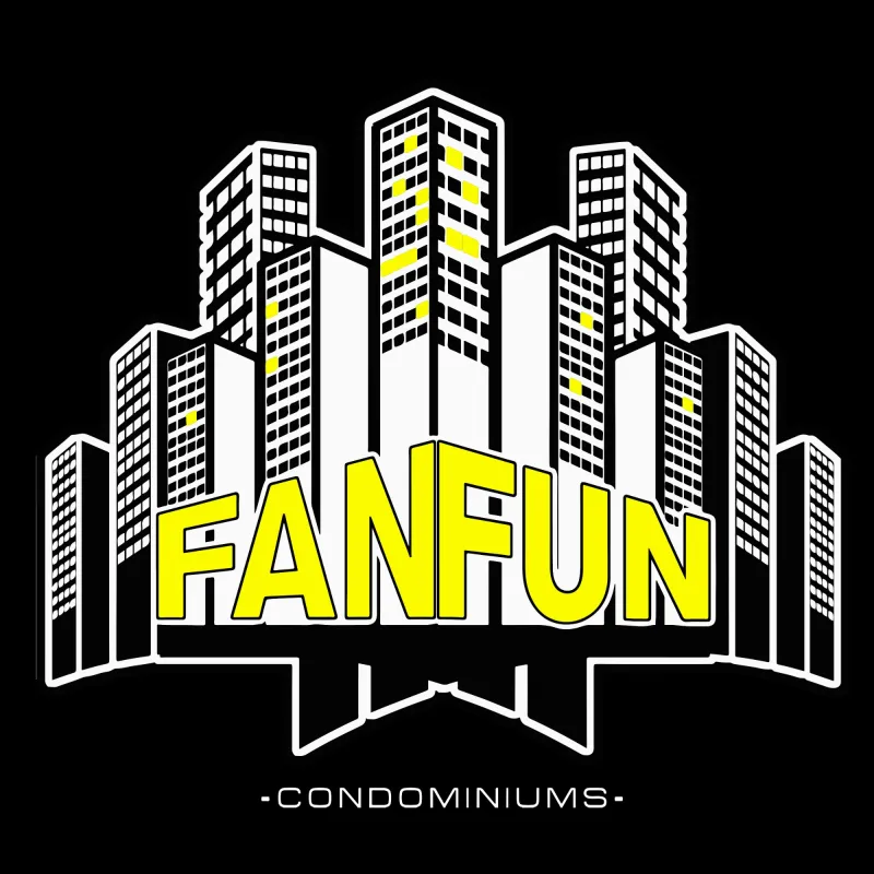 FanFun Condominiums logo, yellow lettering over a black-and-white skyline