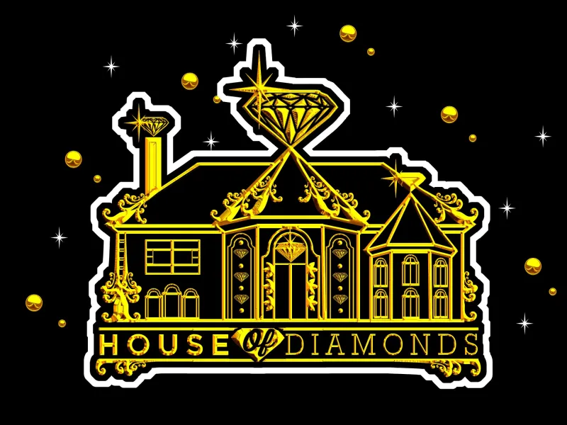 House of Diamonds logo, gold line-art mansion with diamonds on black