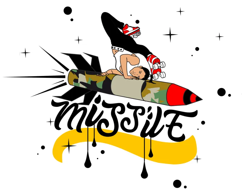 Missile logo, a roller skater riding a camo missile over drippy script