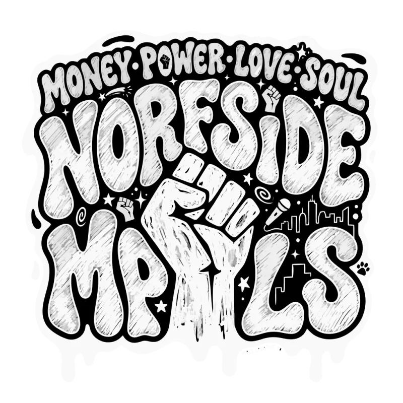 Norfside MPLS graphic, bubble lettering around a raised fist with Money Power Love Soul