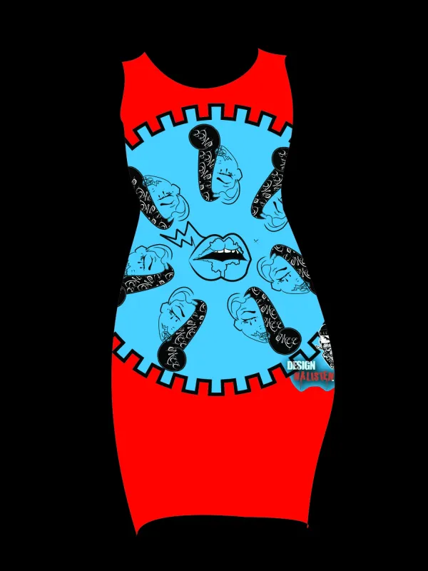 Once pattern printed on a red and blue bodycon dress mockup