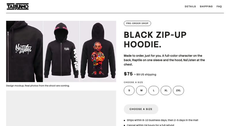 Talijuano online store product page: black zip-up hoodie, size picker and secure checkout