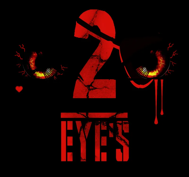 2 Eyes logo, cracked red lettering with two glowing eyes on black