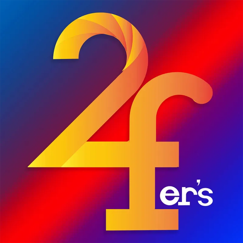 2fer's logo, an orange 2 and f monogram on a red and blue gradient