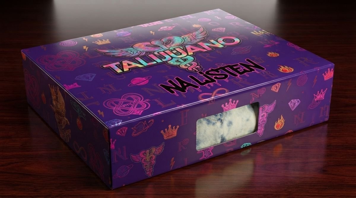 Purple printed box with Talijuano and Na'Listen graphics