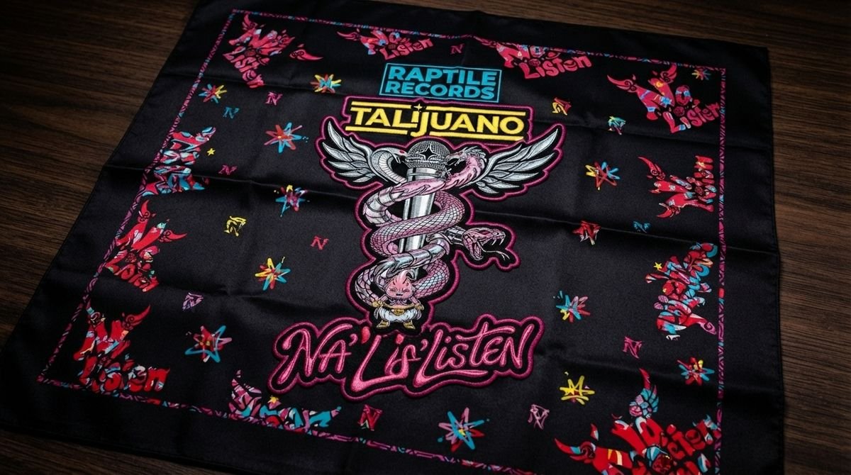Black bandana with a repeating colorful Na'Listen logo print