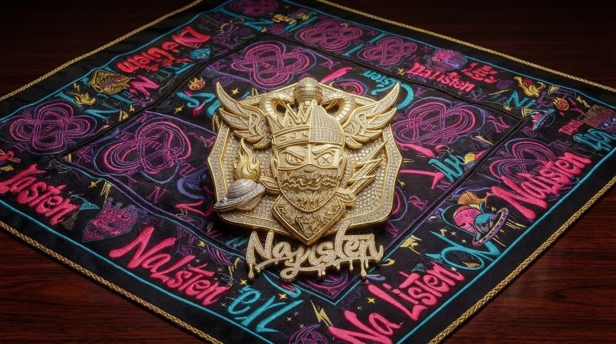 Gold crest belt buckle on a woven strap covered in Na'Listen lettering
