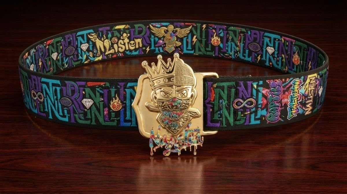 Gold buckle shaped like a crowned character on a logo strap