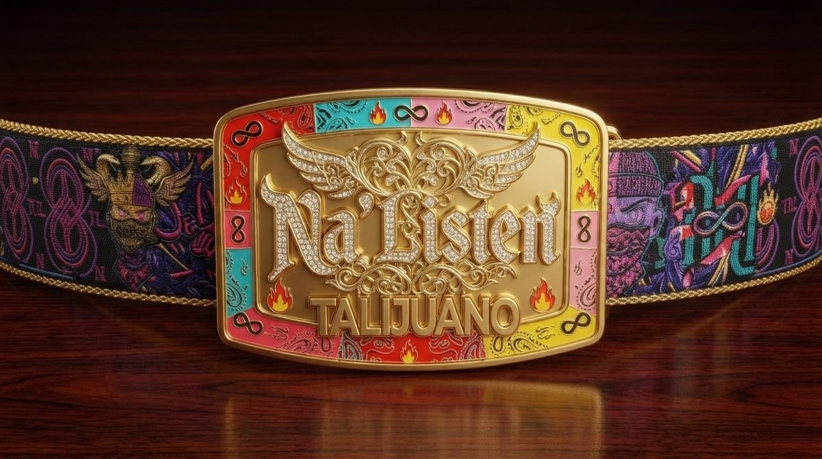 Woven logo belt with a large engraved gold plate