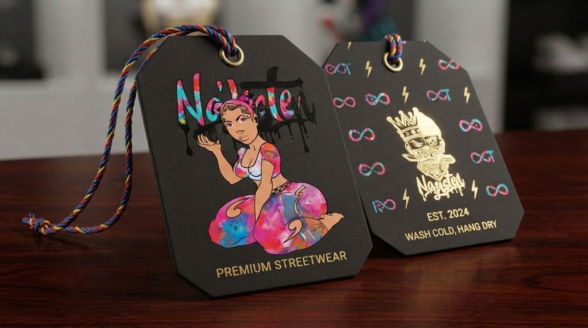 Black hang tags with a cartoon character and Na'Listen lettering
