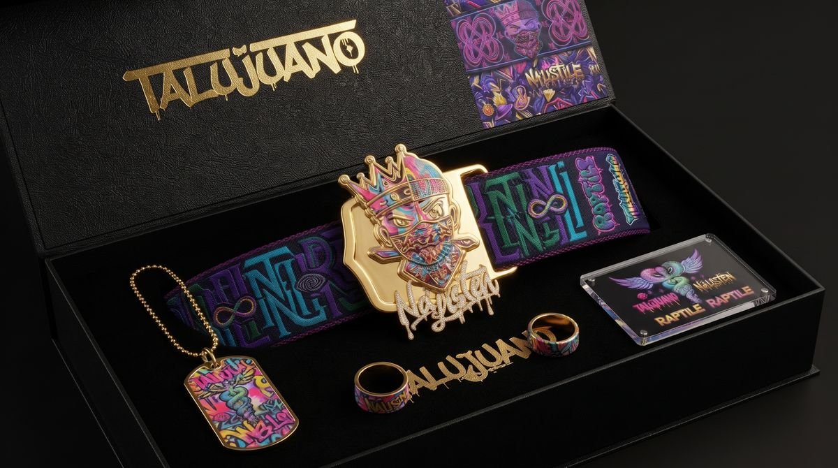 Black box set with a gold badge, tags and a printed card
