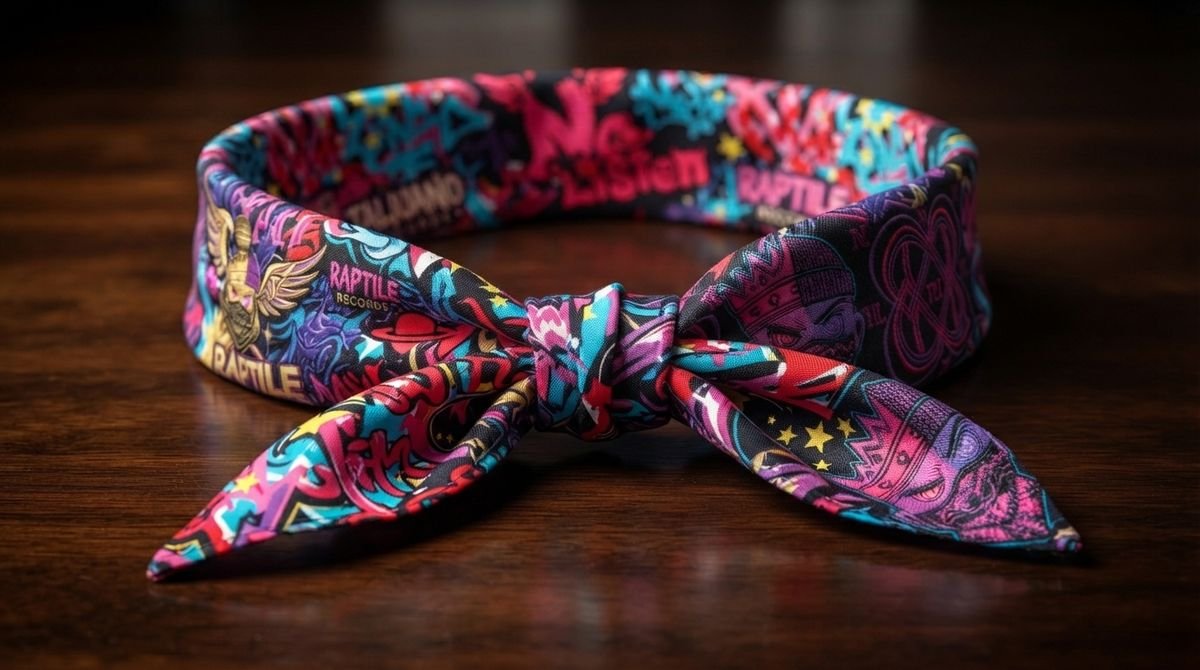 Rolled bandana tied as a headband with colorful graffiti print