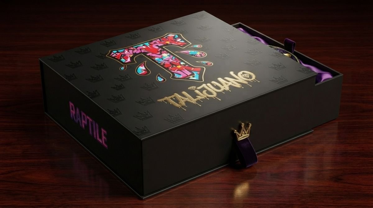 Black box with a crown logo holding a black hoodie and a cap