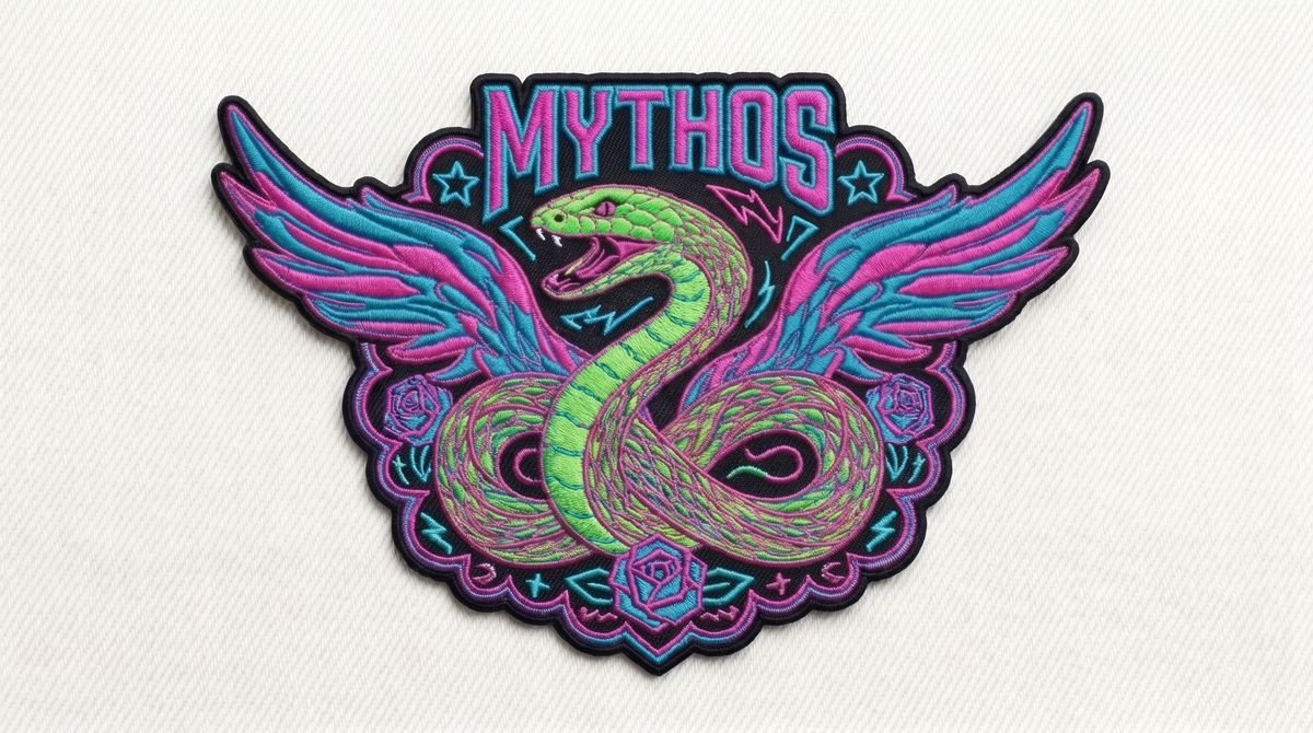 Embroidered patch of a snake and wings with Mythos lettering
