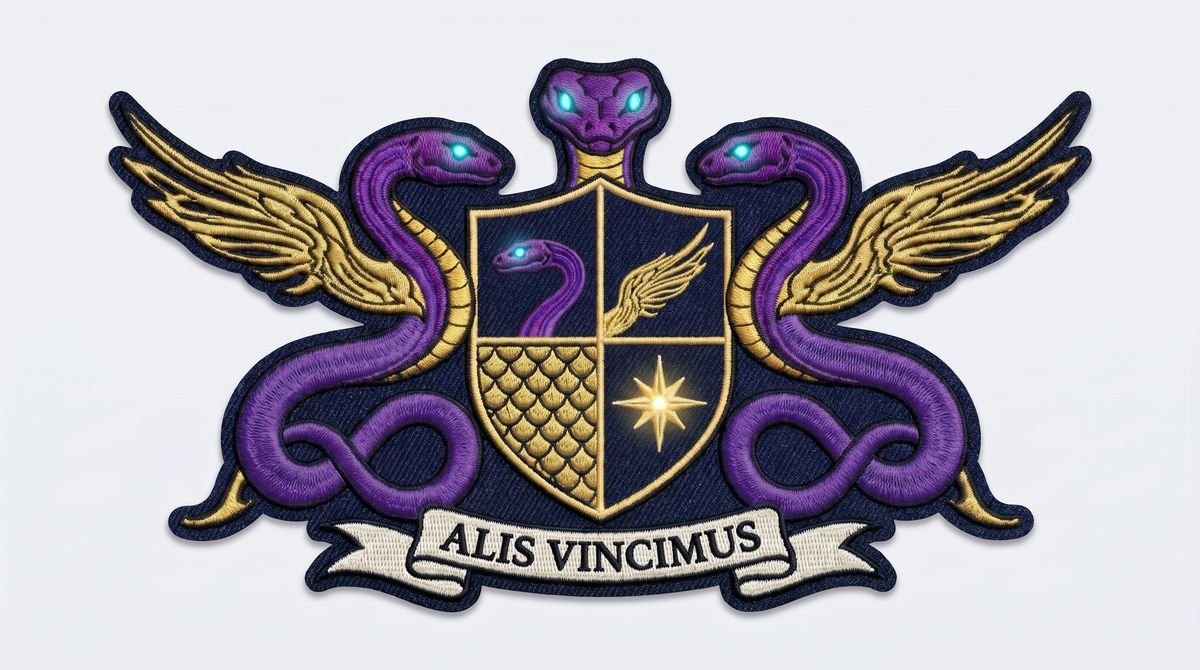 Embroidered crest patch with purple snakes, a shield and a Latin motto