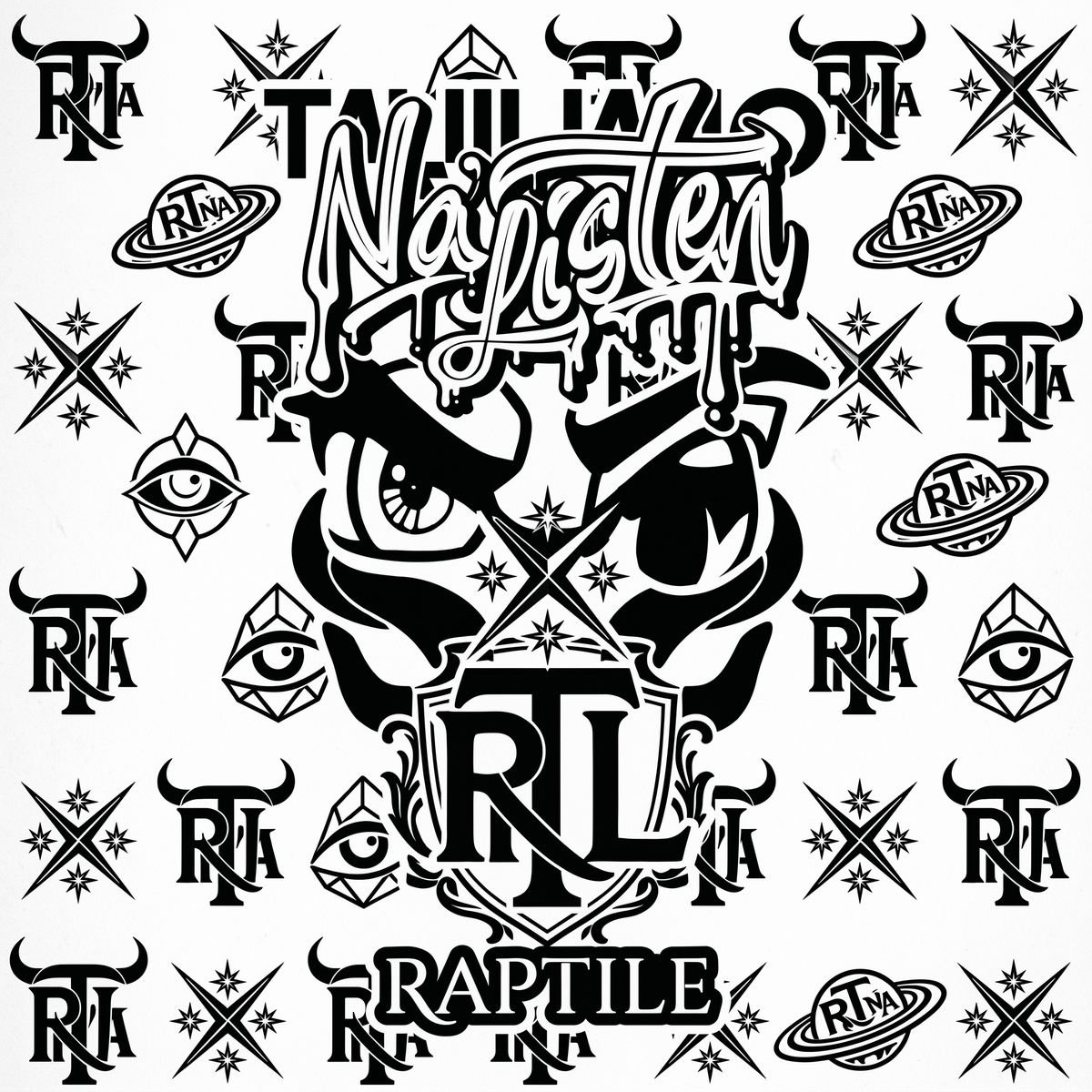 Black and white monogram pattern built from Na'Listen marks