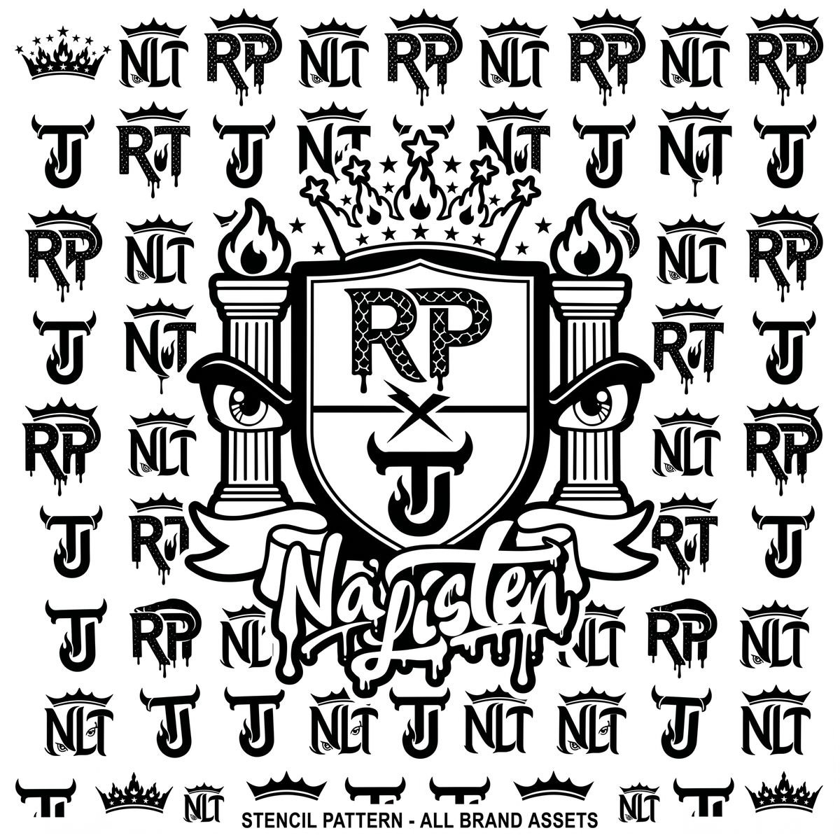 Black and white monogram pattern built from Na'Listen marks
