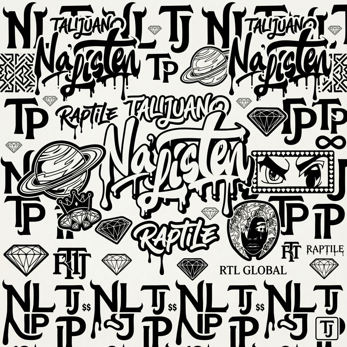 Black and white monogram pattern built from Na'Listen marks