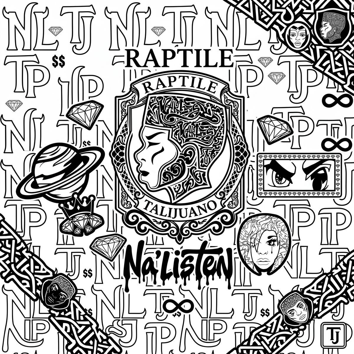 Black and white monogram pattern built from Na'Listen marks