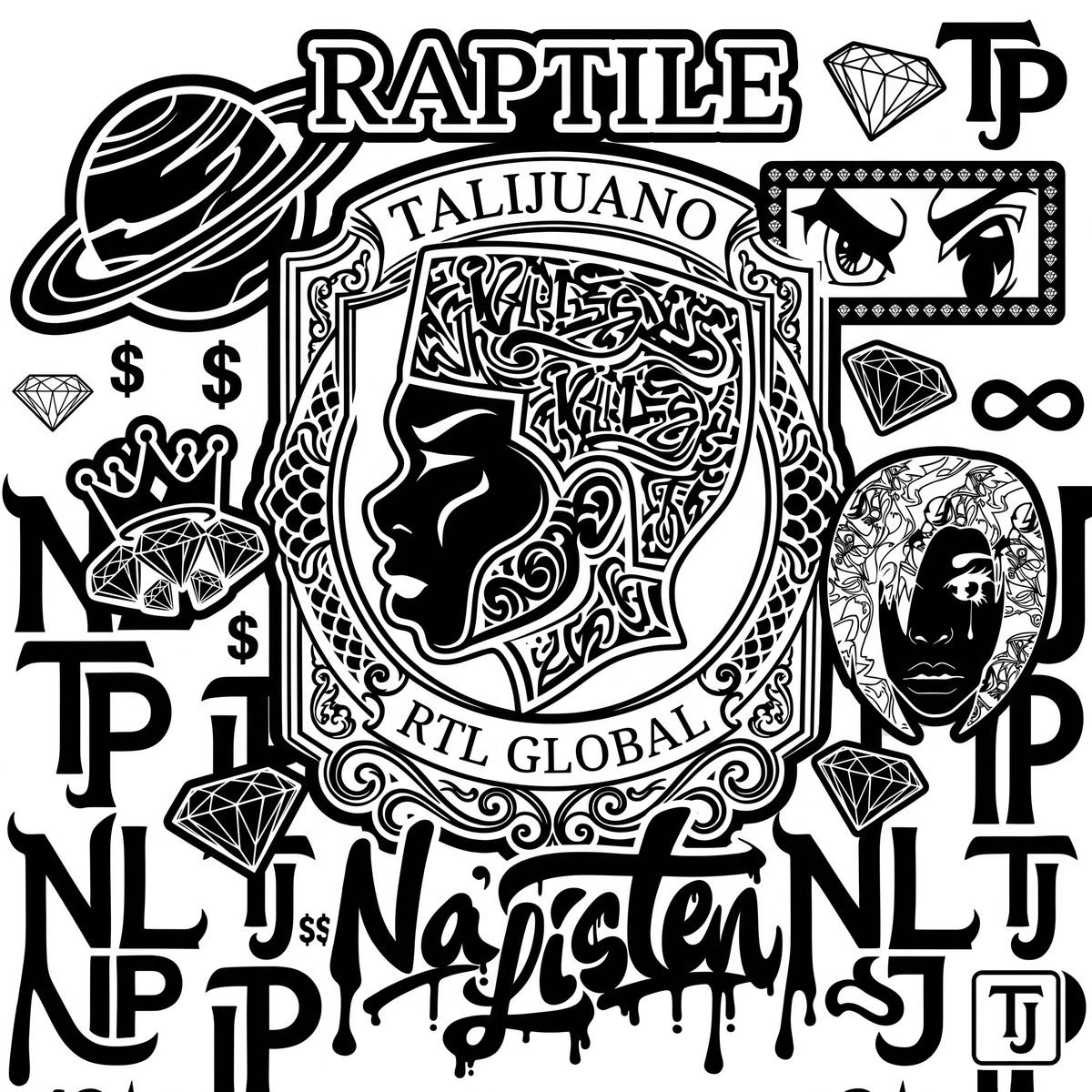 Black and white monogram pattern built from Na'Listen marks