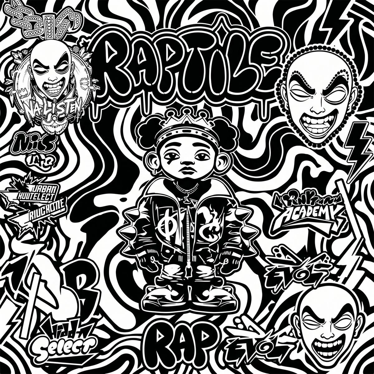 Dense black and white pattern of faces, diamonds and Na'Listen type