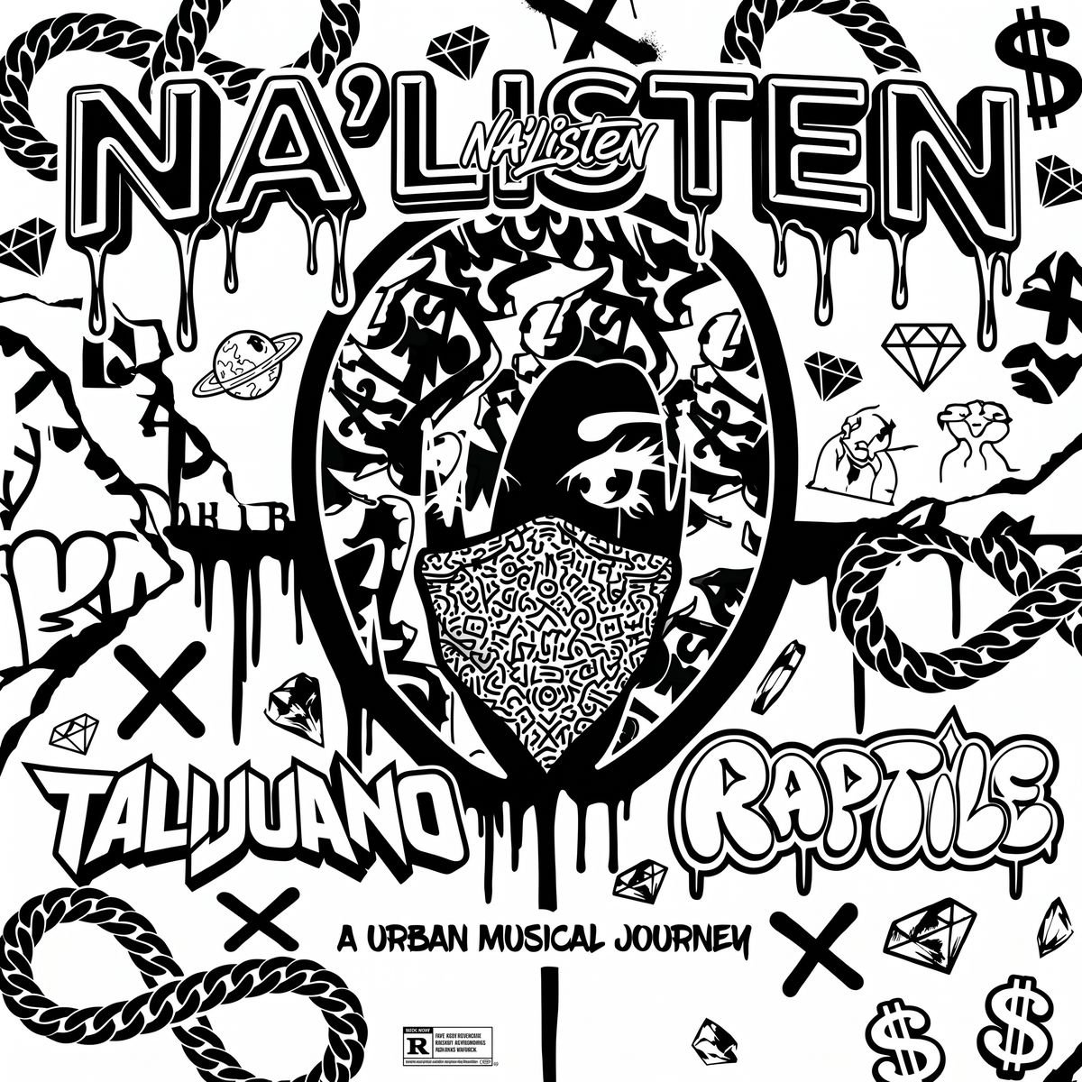 Black and white monogram pattern built from Na'Listen marks