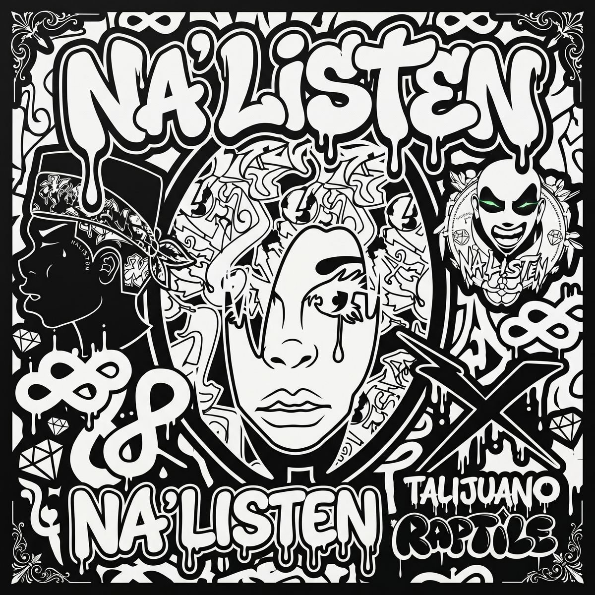 Black and white pattern with lions, a portrait and Na'Listen lettering