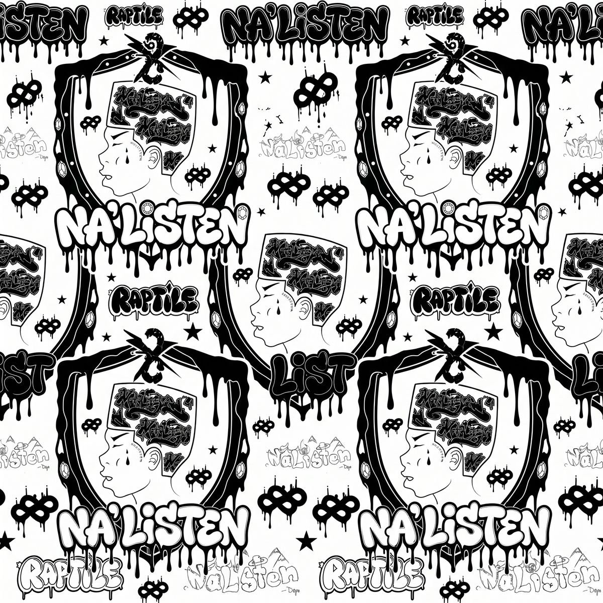 Black and white monogram pattern built from Na'Listen marks