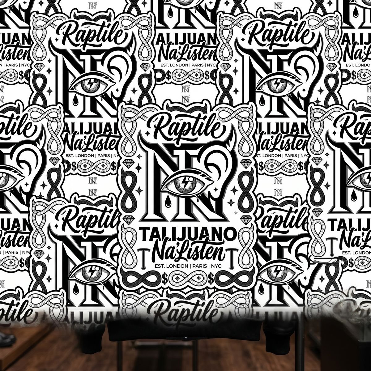 Black and white swirl illustration of a character in a hoodie with Raptile type