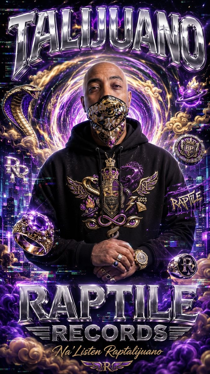 Poster of a man in a black jacket under neon purple Talijuano lettering, Raptile Records below