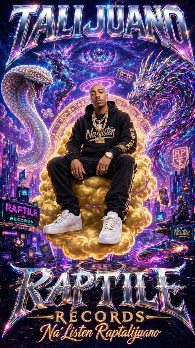 Poster of a man seated on a gold cloud with neon lettering above