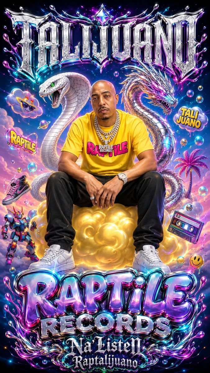 Poster of a man sitting on gold clouds in a yellow tee, Talijuano and Raptile Records type