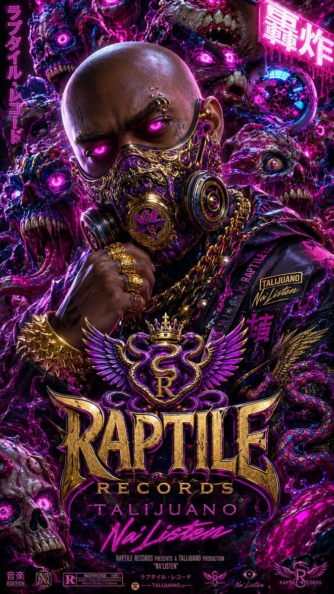 Poster of a man in a gas mask surrounded by purple neon and a gold logo