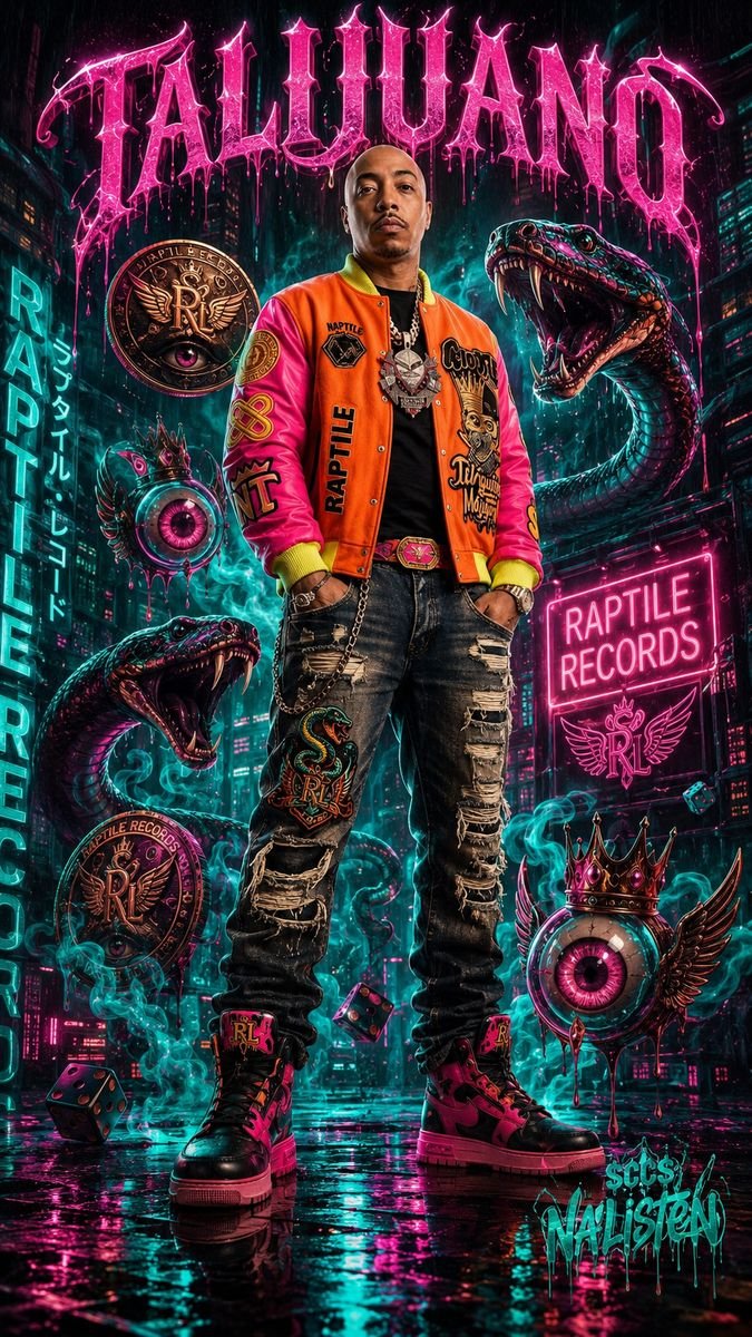 Poster of a man in an orange varsity jacket between cobras, Talijuano lettering