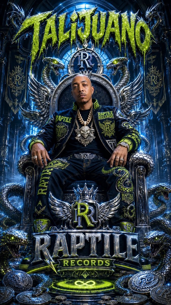 Poster of a man on a blue throne with snakes, Raptile Records logo below