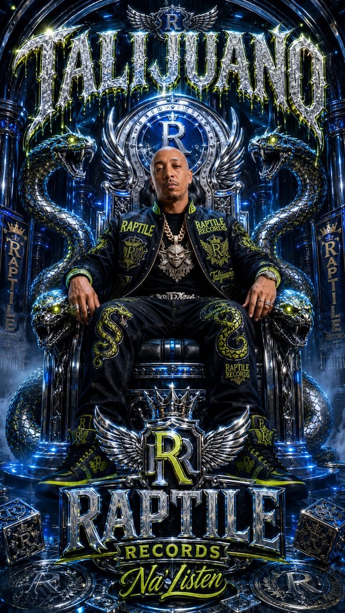Blue and chrome poster of a man on a throne with snakes and a crest