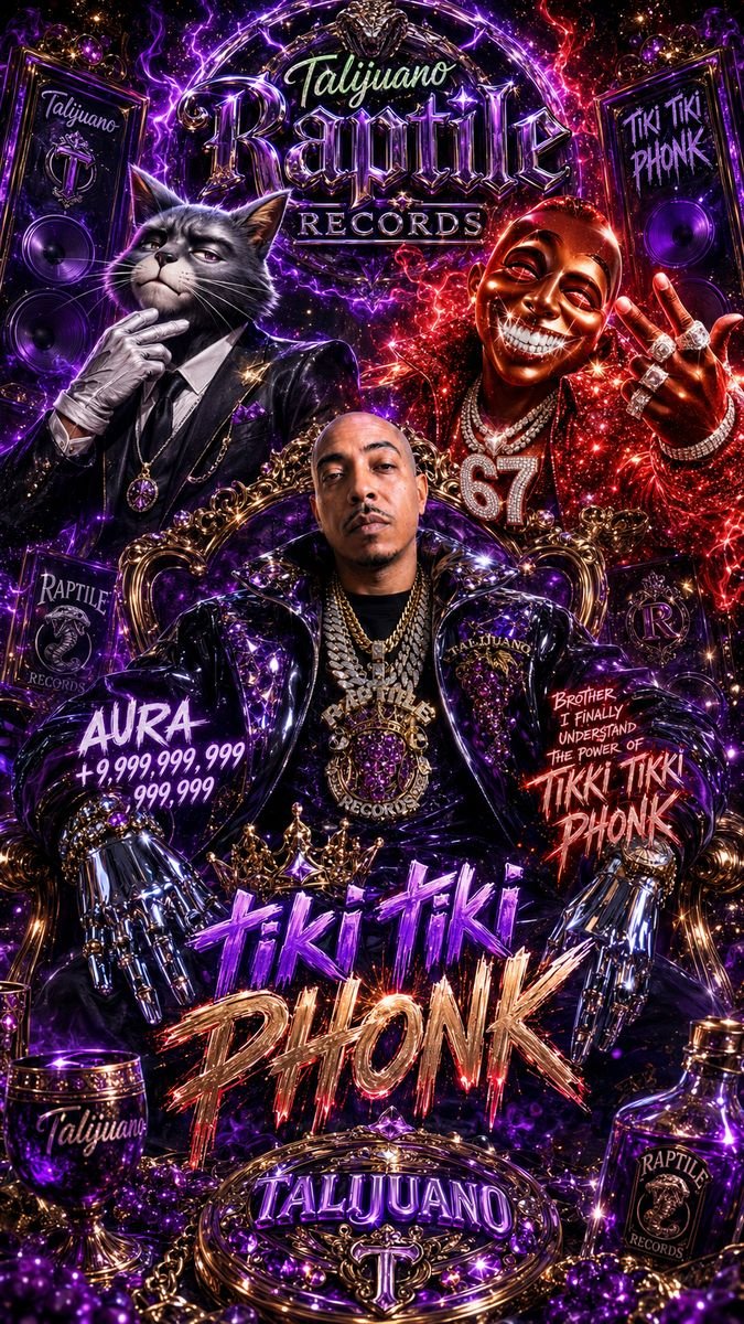 Dense purple poster with Tikki Tikki Phonk lettering, chains and a portrait