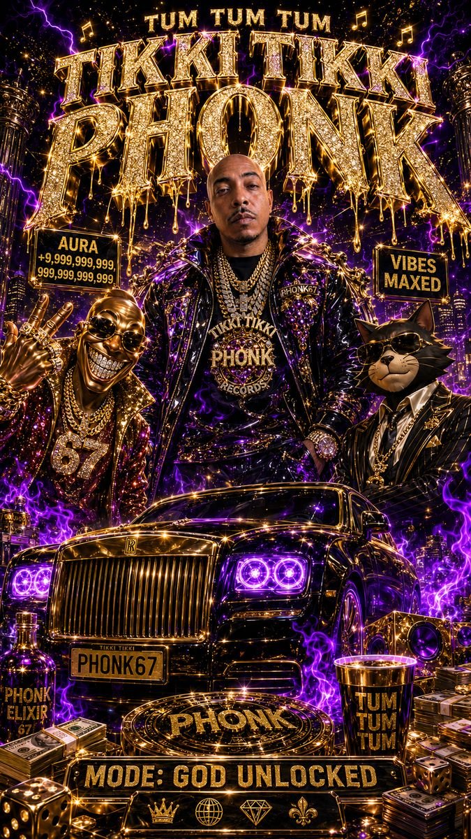 Gold Tikki Tikki Phonk poster with a car, chains and a portrait
