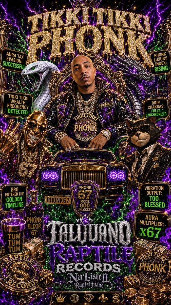 Gold and purple Tikki Tikki Phonk poster with a portrait and car grille
