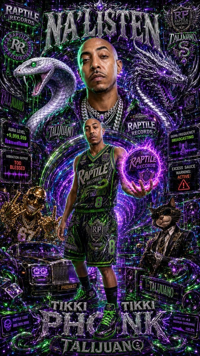 Poster of a man in a green outfit surrounded by neon purple type
