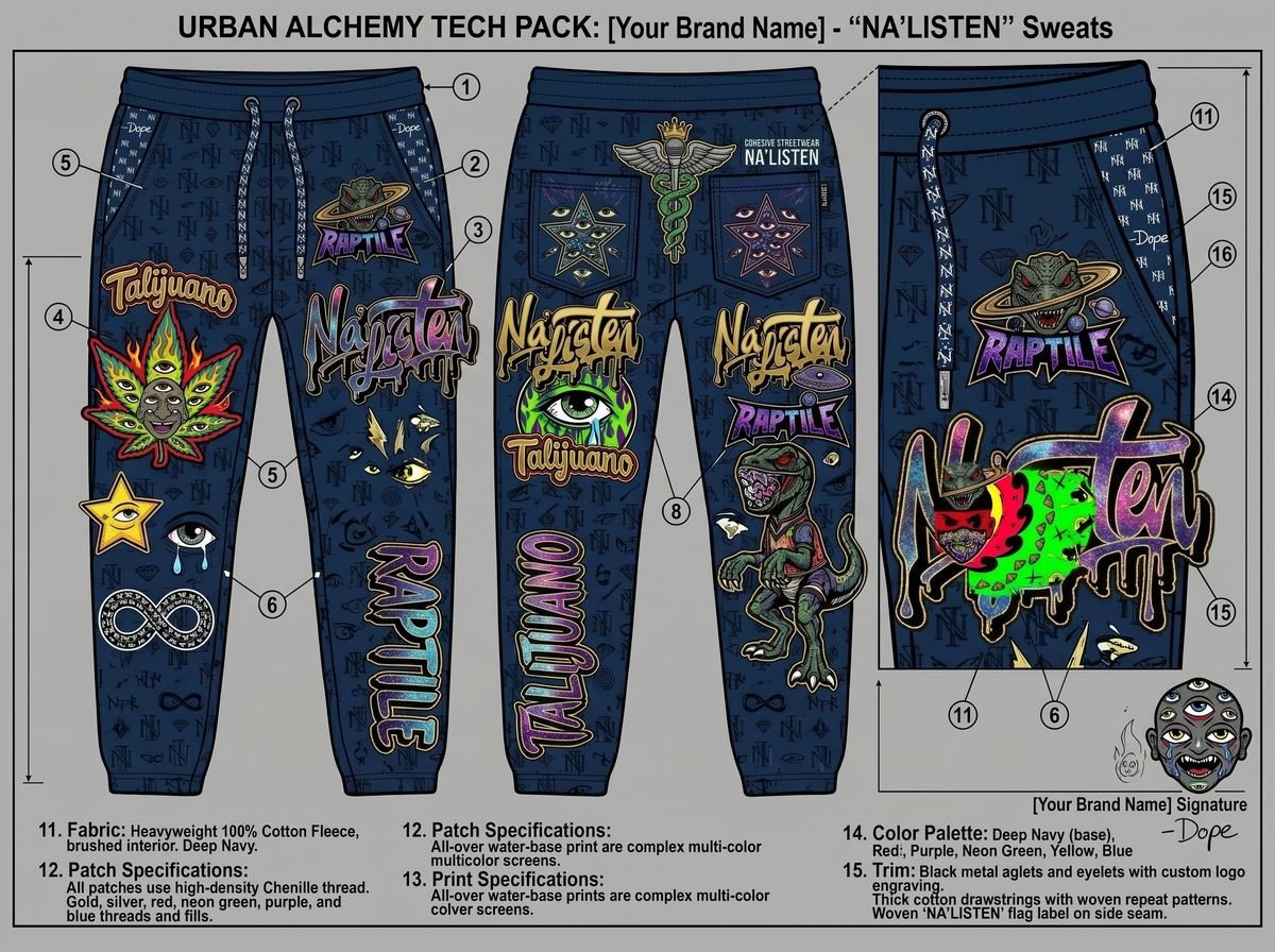 Streetwear tech pack sheet with callouts